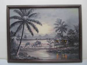 lot 310 image: Original Vietnamese Asian Farming Scene Oil on Canvas Painting Signed