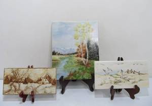 lot 322 image: 3 Hand Painted Vintage Porcelain Tiles