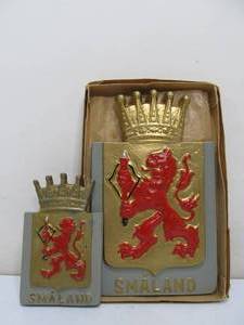 lot 327 image: 2 Vintage Cast Metal Smaland, Sweden Coat of Arms Wall Plaques