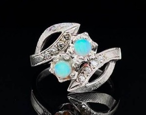 Vintage, Unique 2-Stone White Opal & Diamond Etched Marquise Orbital Vintage Ring in 14k White Gold $950 Retail VIDEO