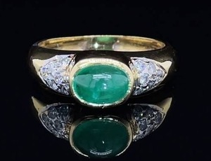 Estate Treasure Unique Retro Sideways Cabochon Natural Emerald & Diamond Cluster Ring in 18k Yellow Gold $1,825 Retail VIDEO