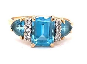 Vibrant Sparkle Blue Topaz & Diamond Cluster Tiered Step Cocktail Ring in 14k Yellow Gold Estate $999 Retail VIDEO