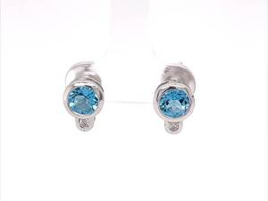 Retro-Mod Vibrancy Blue Topaz & Diamond 2-Stone Bezel Earrings in 14k White Gold Estate VIDEO