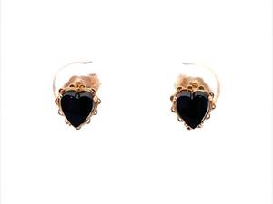 Classic Hearts Vintage Estate Heart Onyx Lace Stud Earrings in 14k Yellow Gold VIDEO