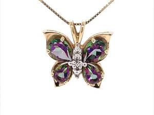 Butterfly Delight Estate MYSTIC TOPAZ & Diamond Butterfly Cluster Pendant Box Chain Necklace in Yellow Gold VIDEO