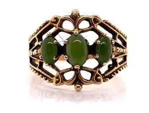 Gorgeous Design Vintage Jade 3-Stone Cabochon Filigree Crown Ring in 14k Yellow Gold Estate $799 Retail