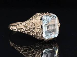 Superb Antique Emerald cut Natural Aquamarine Solitaire Filigree Ring in 14k White Gold $3,275 Retail VIDEO