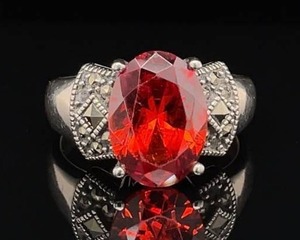 Bold Statement Vibrancy Oval Orange & Marcasite Ring in 925 Sterling Silver Estate