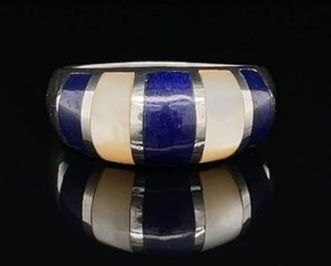 Modernist Lapis & Mother of Pearl Inlay Dome Ring in 925 Sterling Silver Estate