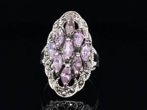 Gothic Glam Pink Ice Cubic Zirconia & Marcasite Spiderweb Filigree Cluster Ring in 925 Sterling Silver Estate