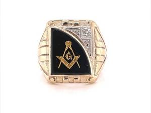 Vintage Mens Diamond Black Enamel Masonic Signet Ring in 10k Yellow Gold Estate