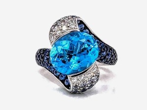 High-End 18k White Gold Statement Bypass Ring, Sapphire, Diamond & Floating Blue Topaz 3D Wave $7,250 Retail VIDEO
