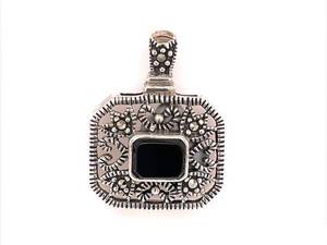 Gothic, Rustic Statement Estate Onyx Marcasite Square Basket Pendant in 925 Sterling Silver