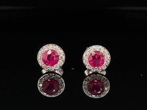 Rich Red Color Estate Ruby & Diamond Round Halo Stud Earrings in 14k White Gold $2,200 Retail VIDEO