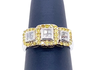 Fancy 3-Stone Style Triple Halo Ring w Yellow & White Diamond in 14k Two-Tone Gold  3,199 Retail VIDEO