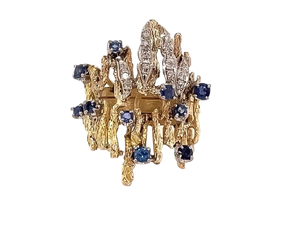 One-of-a-Kind Designer Mid-Century Brutalist Diamond & Blue Sapphire Double Ring in 14k Yellow Gold $2,850 Retail VIDEO