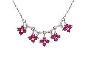 Natural Ruby Floral Dangle Charm Estate Necklace in 14k White Gold $2,900 Retail VIDEO