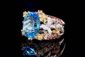 Exotic Statement Ring, Diamond Butterflies, Floral Garden 14k Tri-Color Large Blue Topaz, Ruby, Sapphires $3,950 Retail VIDEO