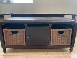 lot 97 image: Entryway Wooden Bench with Storage and Faux Leather Top