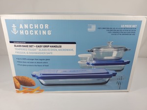 lot 50 image: New Anchor Hocking 10 Piece Glass Bake Set with Easy Grip Handles