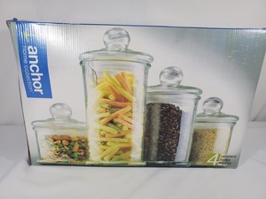 lot 51 image: New Anchor Hocking Glass Canister Set with Lids
