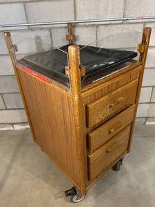 lot 66 image: Wooden Pediatric Infant Cot Bed with 3 Drawers Locking Cabinet On Wheels With Drop Down Side Clear Panels - Great For Veterinarians Too