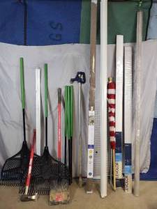 lot 97 image: Take What You Want - Garden Tools, Projector Screen, Outdoor Patio Shade, Blinds, Flag, and More
