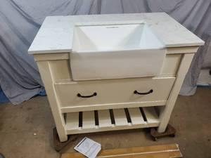lot 4 image: allen  roth Briar 36-in Carrara White Farmhouse Single Sink Bathroom Vanity with White Engineered Marble Top - Shipping Damage, See Notes.