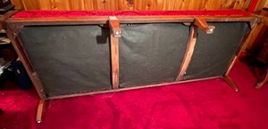lot 46 image: Lovely Vintage Wood and Upholstered Sofa with Caned Accents
