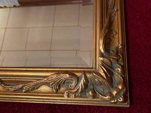 lot 47 image: Caroline Mirror Company Ornate Gold Framed Wall Mirror with Beveled Glass