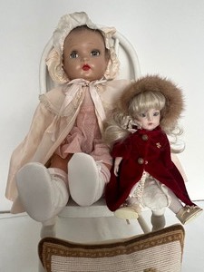 lot 105 image: Two Adorable Vintage Dolls, Doll Chair and Embroidered Pillow