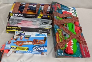 lot 58 image: NERF Fortnite 6-SH Dart Blaster, NERF Rival Takedown XX-800 Blaster, X-Shot EXCEL Crusher Blaster by ZURU AND NERF DinoSquad Rex-Rampage Blaster