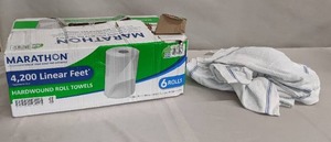 lot 74 image: Marathon Hardwound Roll Paper Towels, White (700 ft.roll, 6 rollscase) and 24 Shop Towels
