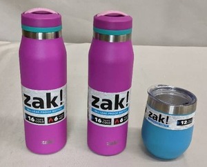 lot 108 image: Zak Designs 11.5oz Double Wall Stainless Steel Wine Tumbler - Purist Blue AND ZAK 20oz Pink Leak Proof Travel Stainless Steel Bottle