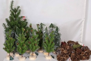 lot 185 image: LOT OF FAKE CHRISTMAS TREES AND SACKS OF PINECONES