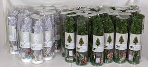 lot 184 image: LOT OF MINI TINSEL CHRISTMAS TREE KITS WITH ORNAMENTS, LIGHTS, AND A STAR TOPPER