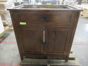 lot 203 image: Home Decorators Collection Artisan 33 in. W Vanity in Dark Oak. MD-V1757. Cabinet Only Slight Scratch and Dent.