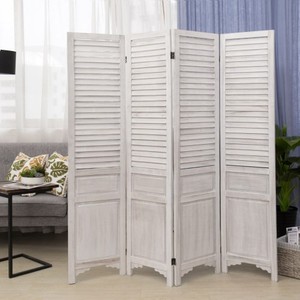 lot 120 image: MyGift 4-Panel Vintage White Wood Louvered Folding Room Divider.