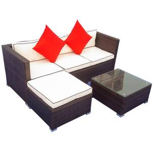 lot 279 image: Brown Wicker Outdoor Sectional with Cream Cushions and Wicker Table Model L-W329S00004 (Missing Parts)