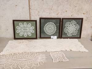 lot 45 image: Beautiful Vintage Hand-Made Doilies, Three in Frames