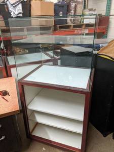 lot 25 image: Professional Wood , Glass, and formica Retail Display Case 59.75 in Height  Glass 29 x 23 x 24  Base 39 x 30 x 24