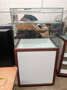 lot 27 image: Professional Wood , Glass, and Formica Retail Display Case 59.75 in Height  Glass 29 x 23 x 24  Base 39 x 30 x 24Wire is for Silent Alarm