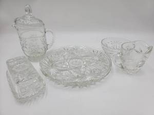 lot 108 image: Gorgeous 5 Piece Anchor Hocking  Depression Cut Crystal Glass Collection