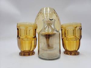lot 112 image: Gorgeous Golden Mid Century Glass Collection- 2 Glasses, 1 Goblet, 1 Pitcher