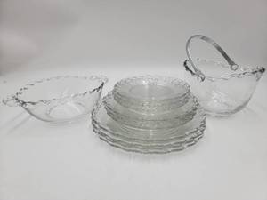 lot 136 image: 11 Piece Vintage Fostoria Camellia Fine Crystal Ice Bucket, Plates, and Double Handle Bowl