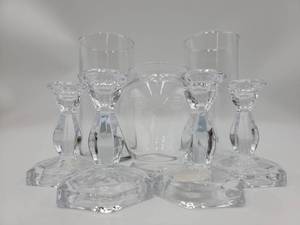 lot 145 image: Gorgeous Vintage Glass Collection-4 Candle Holders, 2 Cylinder Vase & 1 Floral Vase