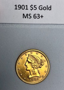 1901 US Liberty Head Half Eagle 5 Dollar Gold Coin - MS63