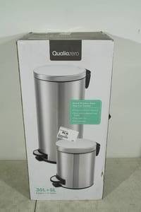 lot 141 image: Qualia Zero 8 Gallon and 1.3 Gallon Stainless Step Can Set