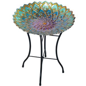lot 96 image: New&nbspPeaktop Outdoor 18 Handpainted Mosaic Flower Glass Bird Bath with Stand