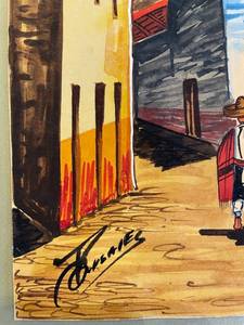 Original Vintage Mid Century Gouache Watercolor Signed by listed artist G Rosales (Mexican) of a Village.